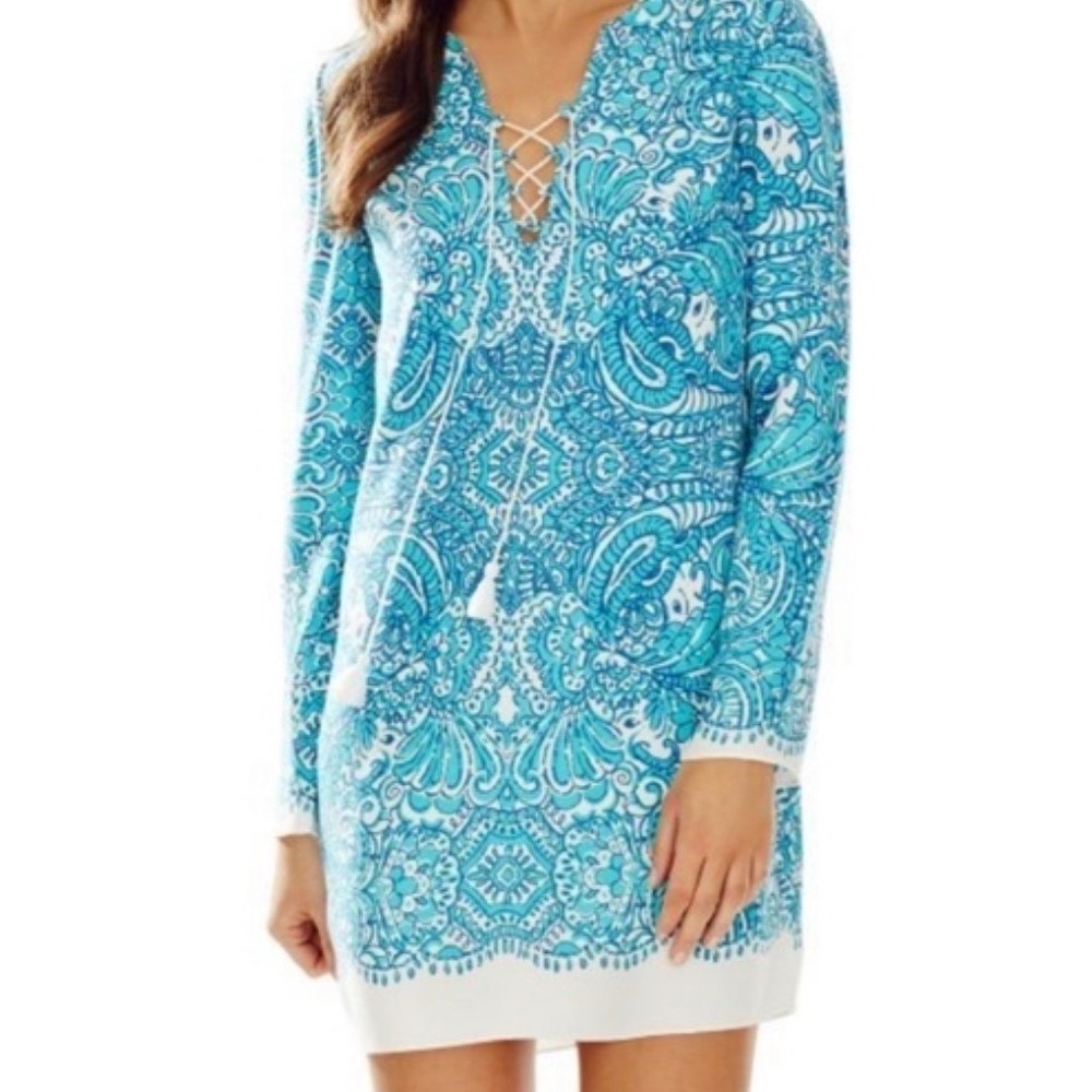 Lilly Pulitzer Blue White Paisley Tassel Shift Dress Long Sleeve Size L